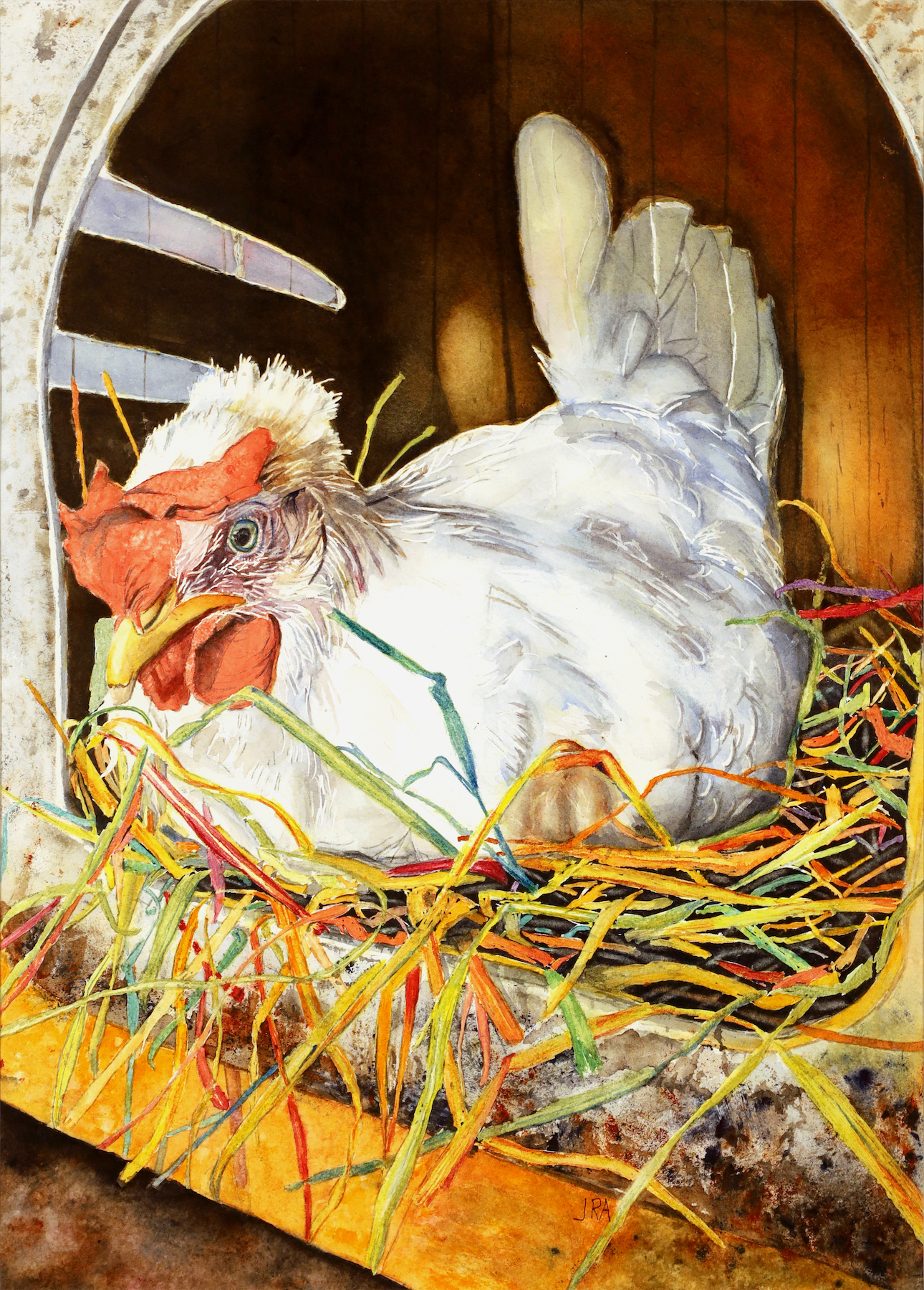 Jennifer Alexander, A Halada Hen A watercolor painting of a chicken sitting in a nest of colorful twigs, inside a wooden coop.