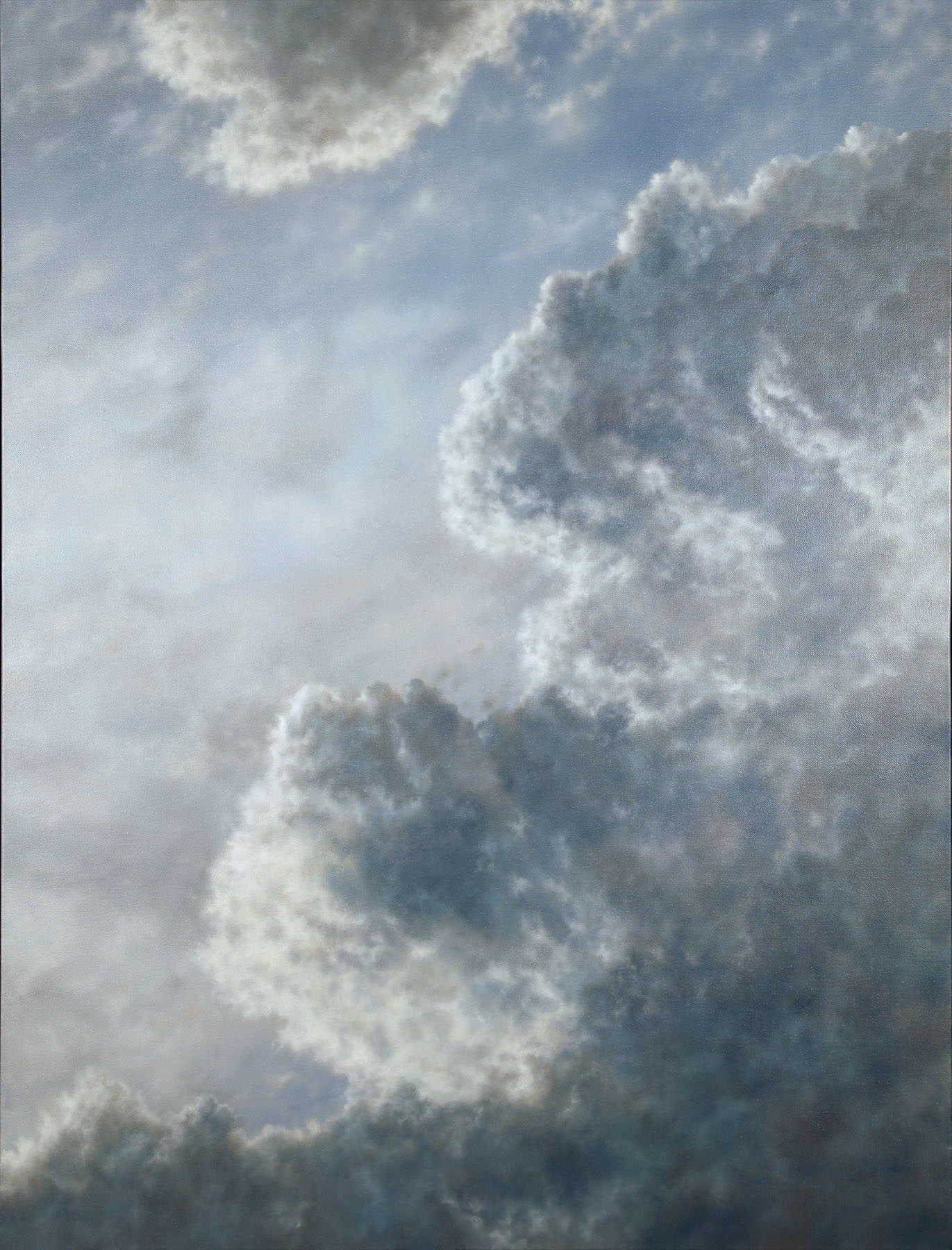 Painting of clouds. The clouds in the foreground are focused on the bottom right half of the image with another smaller cloud in the top left region.