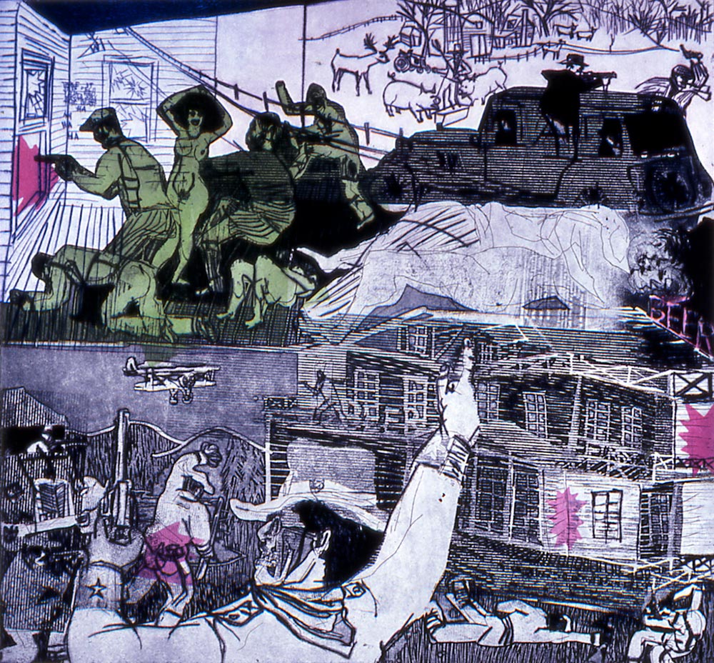 Warrington Colescott “Dillinger: Attack and Defense at Little Bohemia”