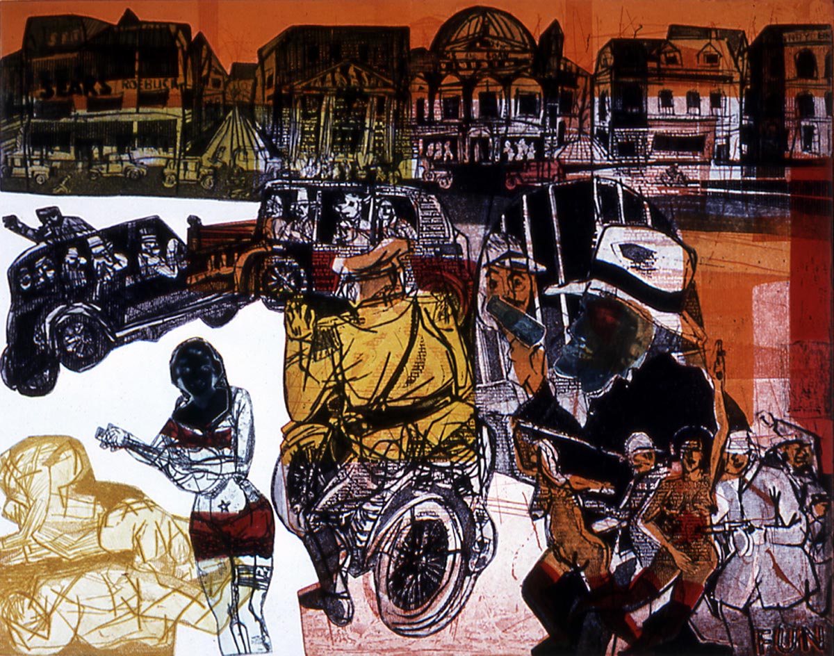 Warrington Colescott “Dillinger: The Great Mason City Raid”