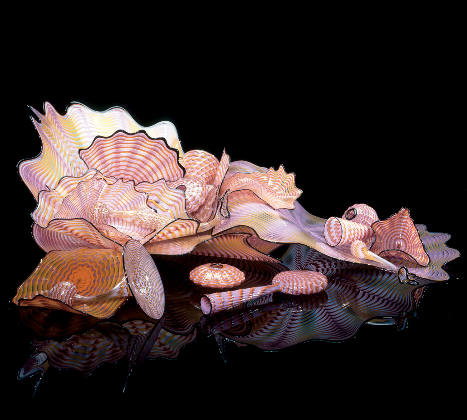 Dale Chihuly, Salmon and Rose Persian Set with Cranberry Lip Wrap