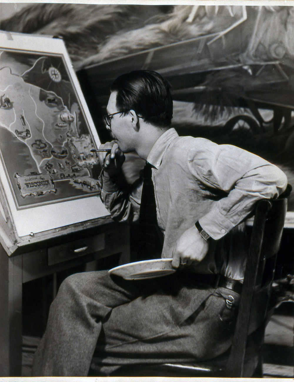 Anonymous, Richard Jansen at Work Painting a Map of Wisconsin