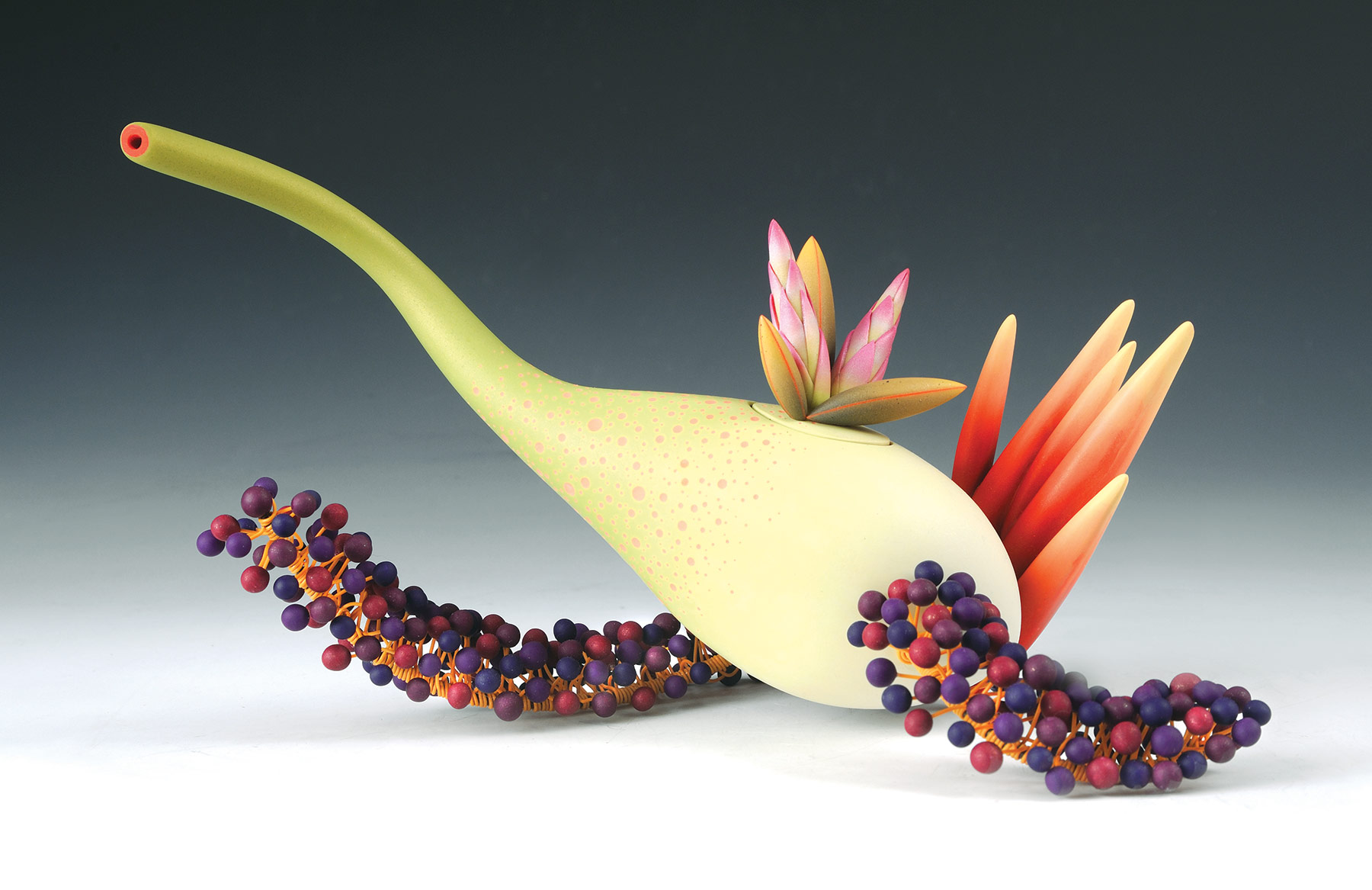 Jeffrey Lloyd Dever, Seeking Solace Organic light green teapot with an elongated spout as well as orange and pink leaves on the top and back. Red and purple berry-shaped decorations extend out of the bottom into two spiraling appendages.