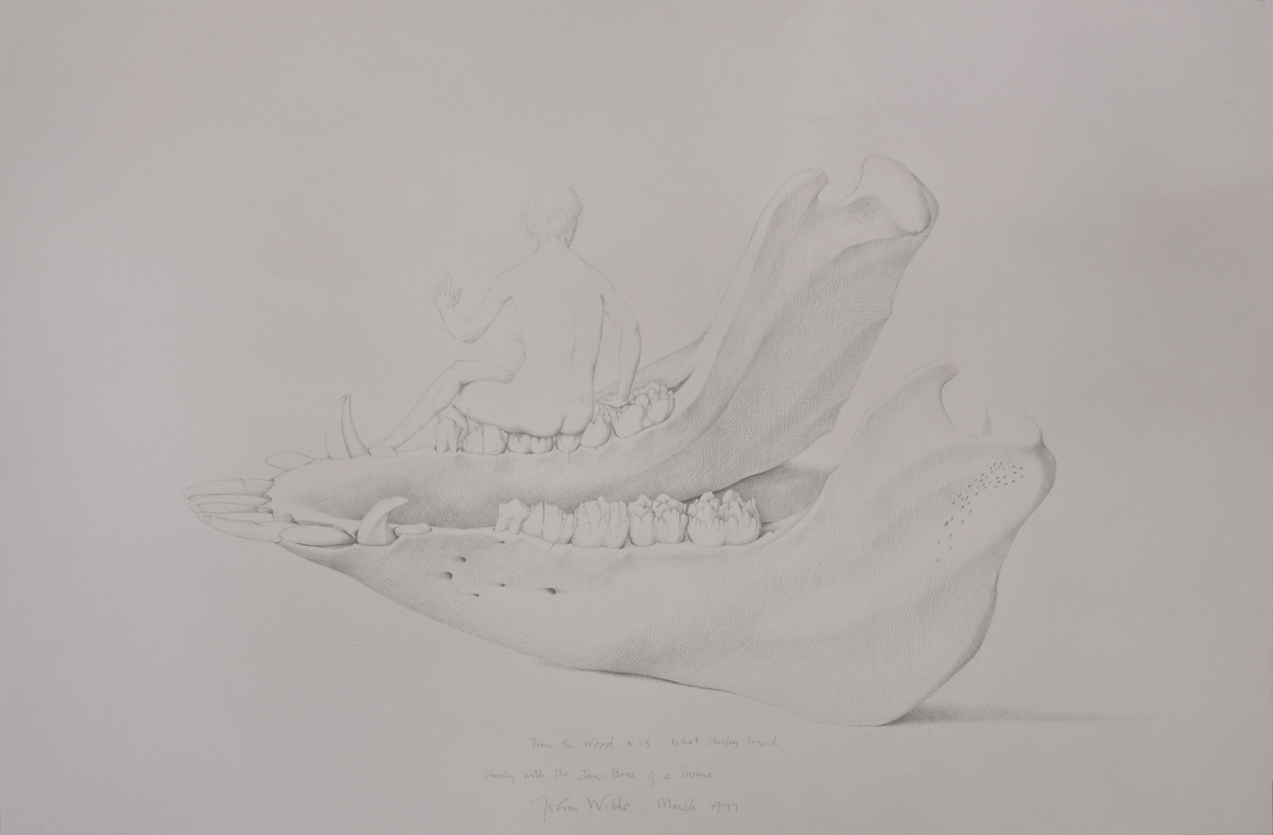 John Wilde, From the Wood #13, What Shirley Found, Shirley with the Jaw-Bone of a Swine, 1977