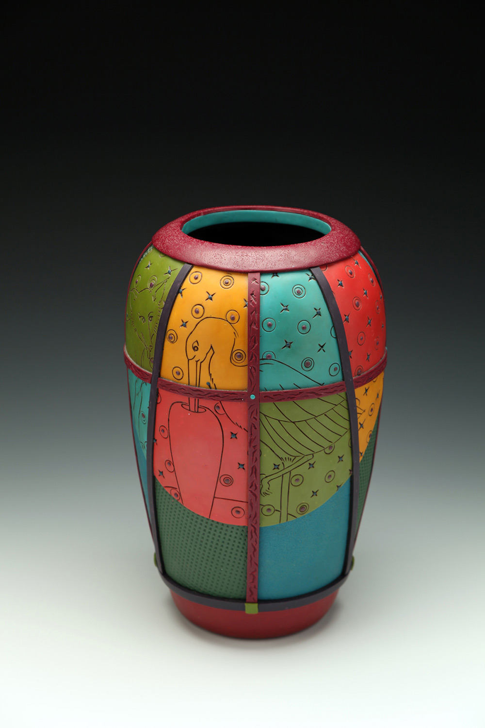 Maggie Maggio, Tit for Tat: The Fable of the Fox and the Stork Colorful polymer vessel with an image of a stork on one side